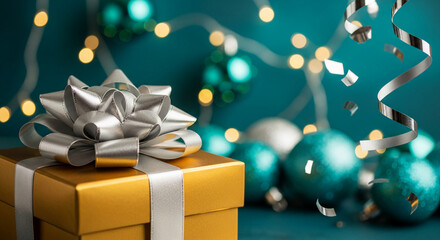 Golden gift box with silver ribbon and bow on teal background with bauble and light, representing celebration, joy, and festivity, perfect for holiday mood