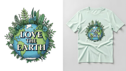 Love the earth design with trees and globe on white background and t shirt mockup