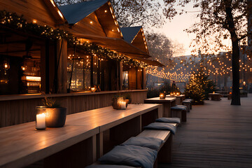holiday market atmosphere, festive christmas market with wooden stalls, glowing lights, and cozy atmosphere creates a warm and inviting scene