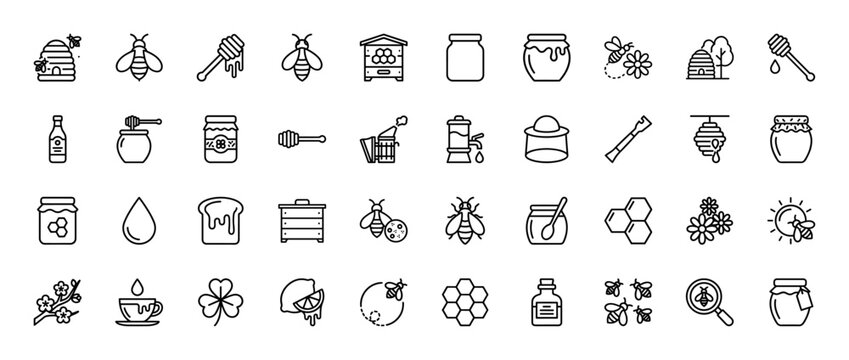 Beekeeping and honey product line icon set. Vector pictograms of beehive, bee, honey jar, dipper, and comb, thin outline illustration.