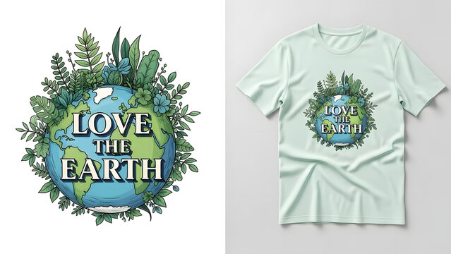 Love the earth design with trees and globe on white background and t shirt mockup