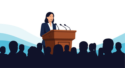 Confident businesswoman or politician giving an inspiring speech at a podium during a conference or public event in front of an audience.