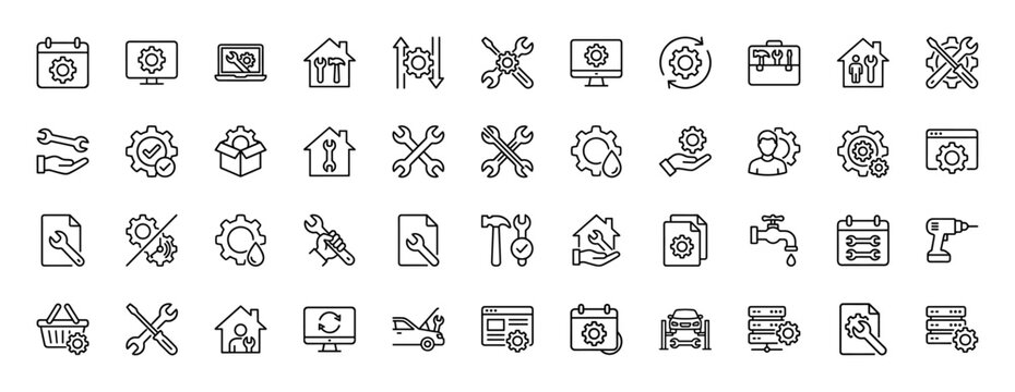 Maintenance and repair line icon set. Vector pictograms of settings, tools, wrench, home, and calendar, thin outline illustration.