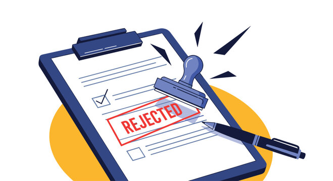 Application form on a clipboard being officially denied with a large red "REJECTED" stamp, indicating failure or refusal.