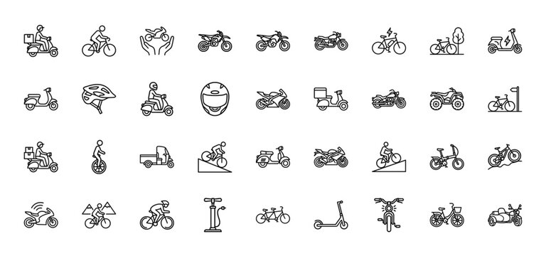 Transportation line icon set. Vector pictograms of bicycle, scooter, motorcycle, delivery bike, and helmet, thin outline illustration.