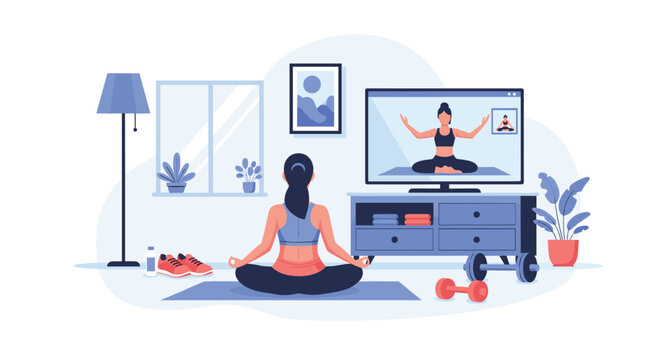 Woman practicing yoga in her living room while following an online fitness class with a virtual instructor on her television.