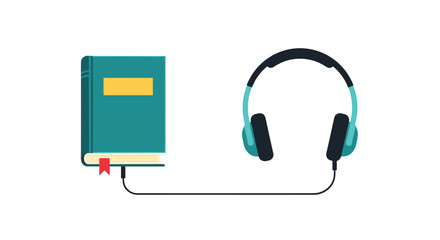Audiobook concept with a physical book connected directly to a pair of headphones, representing listening to literature and stories.