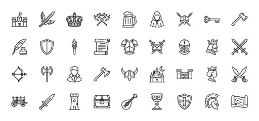 Medieval fantasy line icon set. vector pictograms of castles, crowns, swords, axes, and shields, thin outline illustration.
