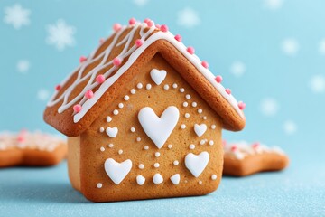 Gingerbread house celebrating holidays with charming icing heart decoration