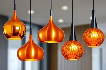 Modern copper and glass pendant lights illuminating home interior