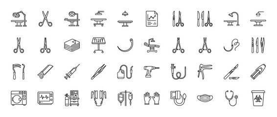 Medical surgical equipment line icon set. Vector pictograms of operating table, scissors, scalpel, syringe, and vital signs monitor, thin outline illustration.