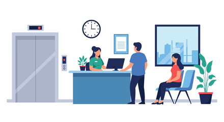 Patients interacting with the receptionist at the front desk of a modern hospital lobby and waiting for their appointments.
