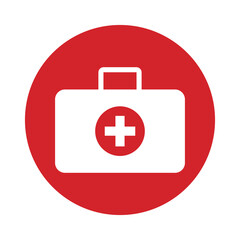 First aid medical kit circle icon red button on white background. Healthcare medical case or bag for web. Line and solid symbol.