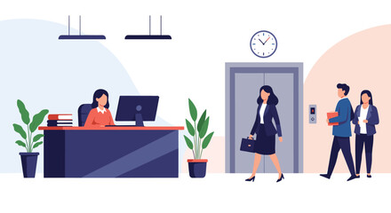 Business people walking through a modern office lobby with a receptionist at her desk and an elevator in the background.