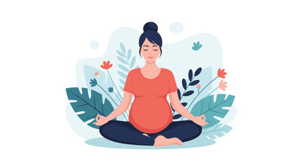Pregnant woman meditating in a lotus position surrounded by flowers and leaves, representing wellness and calm during pregnancy.