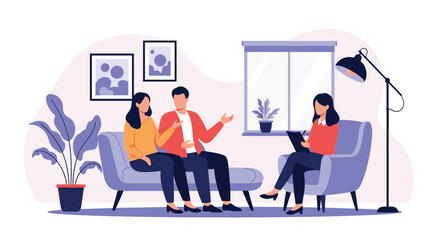 Couple attending a therapy session with a female psychologist, discussing their relationship problems in a counseling office.