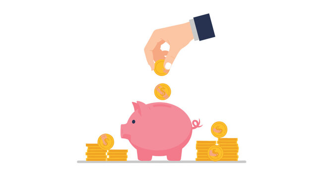 Hand dropping a gold coin into a pink piggy bank, surrounded by stacks of money, symbolizing saving, investment, and finance.