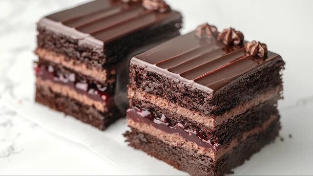 Two square slices of chocolate layer cake with a red fruit filling topped with a glossy ganache and piped frosting
