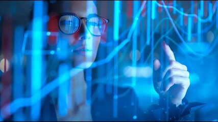 Financial Insights Unveiled: A determined individual, eyes focused on a futuristic holographic display, expertly analyzes intricate charts, data, and graphs. - Powered by Adobe