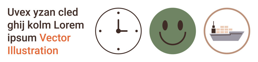 Time management, global trade, happiness, logistics, productivity, international business. Black clock icon, green happy face cargo ship with stacked boxes. Time management and global trade concept