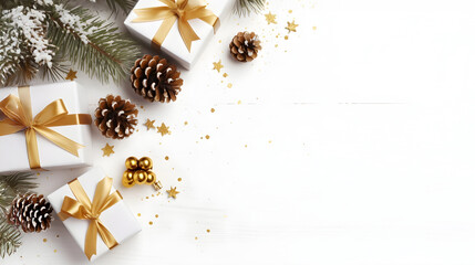 Christmas gifts with golden ribbons, pine cones, spruce and fir branches and decorations on white snowy abstract background. Flat lay, top view, copyspace.