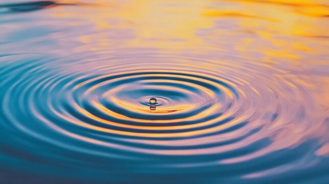 A close-up of a single droplet hitting calm water, creating concentric ripples representing how small actions have far-reaching impacts
