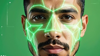 Facial Recognition Technology Analyzing Man's Face on Green Screen - Powered by Adobe