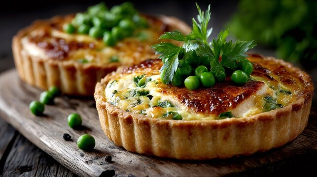 Savory quiche tarts baking on rustic wooden board