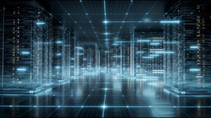 Data Center's Futuristic Interior: A sleek, futuristic data center interior, filled with rows of advanced servers and intricate glowing lines. - Powered by Adobe