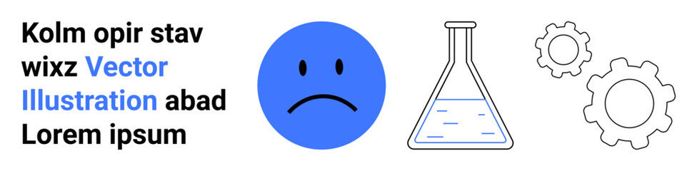 Emotional expression, scientific research, technology focus, problem-solving, creativity, innovation. Blue sad face, test tube two gears. Emotional expression and scientific research related visuals