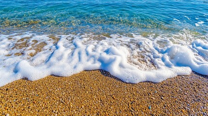 Gentle waves lap against the sandy shore on a bright sunny day by the ocean