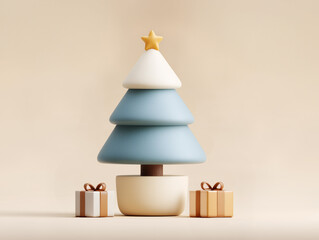 Minimal Christmas tree with soft blue ornaments and festive gift boxes in warm holiday tones