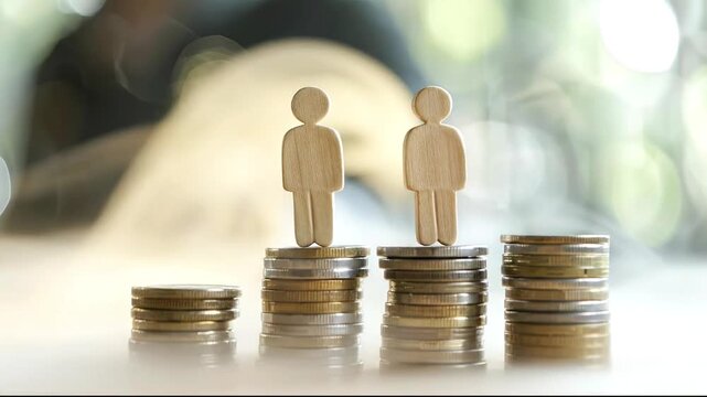 Two wooden figures stand on two of four ascending stacks of gold and silver-colored coins against a blurred background