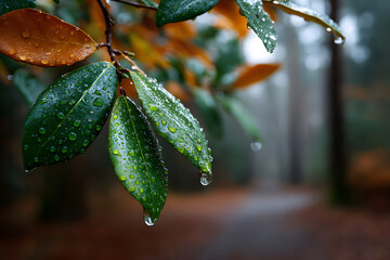 Green Leaf with Raindrops