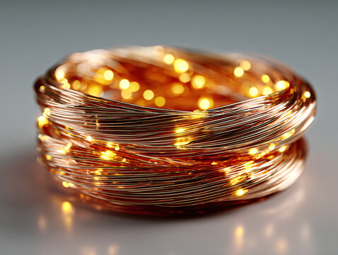 a coil of bare bright copper wire against a plain background. The coiled wire has a shiny, golden-brown color, indicating it is likely pure copper.