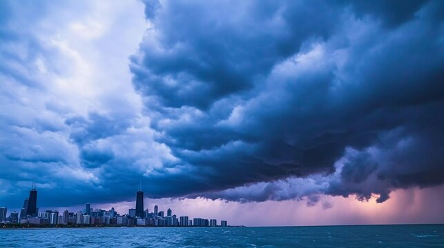 Dark clouds rolling in over a skyline, with a dramatic contrast of light and shadow, emphasizing the power of incoming storms, extreme weather - Powered by Adobe