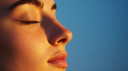 A close-up of a woman's face as they practice deep breathing meditation in an outdoor setting with expression of calmness and tranquility, mental health and wellness background with copy space