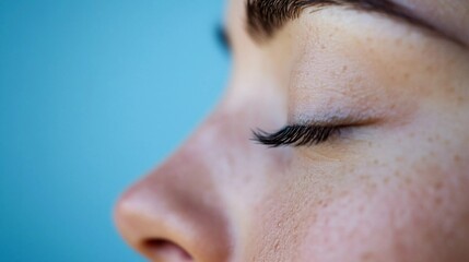 A close-up of a woman's face as they practice deep breathing meditation with expression of calmness and tranquility, mental health and wellness