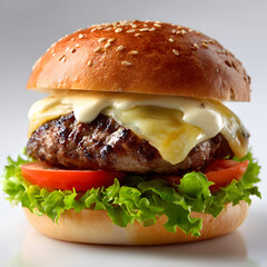 Juicy Hamburger with Melted Cheese and Fresh Vegetables