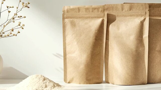Unbranded brown paper pouches on a white surface with a pile of powder and a vase of dried botanicals