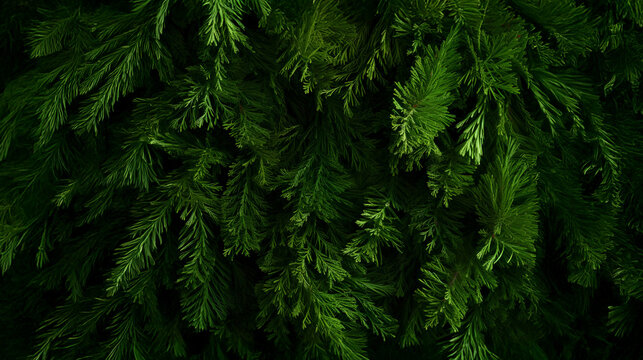 Fir branches green needle abstract background Christmas texture. Horizontal composition.