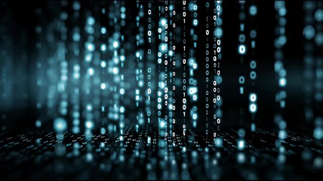 Digital Rain Cascade: Abstract visualization of digital data streams, represented by luminous binary code cascading through a dark background.