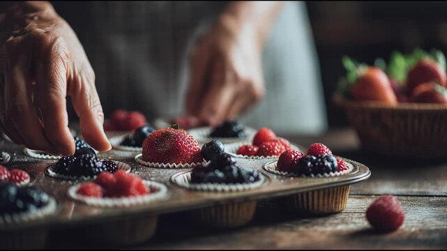 Berry Delight: A culinary artist meticulously arranges fresh, ripe berries atop mini tarts, a symphony of flavors and textures in a rustic setting. 