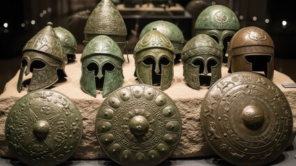 Ancient Greek Bronze Helmets and Shields Displayed in Museum Exhibit