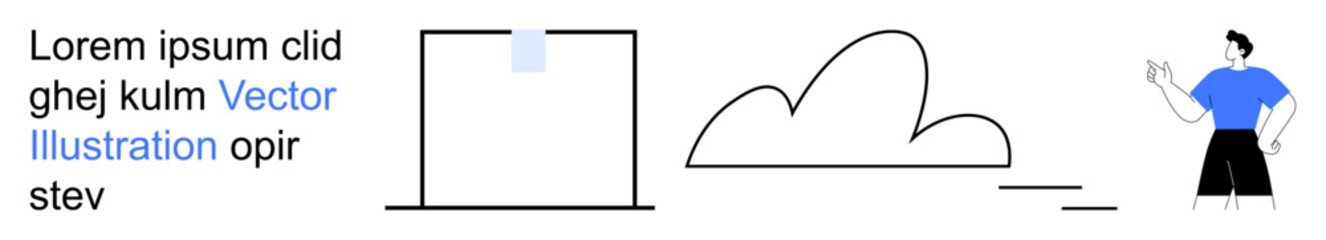 Digital media, minimalist art, creativity, cloud storage, abstract communication, vector design. Includes a cloud, text square frame and human figure. Digital media and minimalist art concept