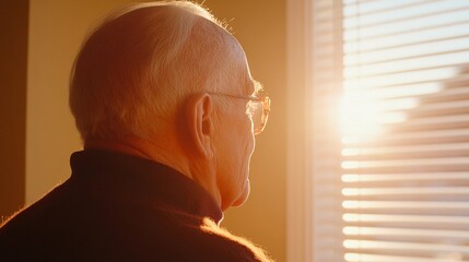 A warm, candid shot of a elderly man retiree looking out the window reflecting on life and memories after retirement