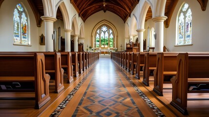 Church interior showing empty pews and stained glass windows