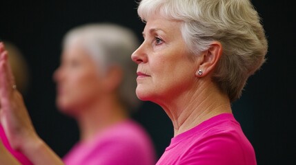 Retired Elderly woman with a pink shirt participating in a yoga class representing an active and healthy retirement
