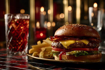 Classic Hamburger with Bacon and French Fries at a Bar Table