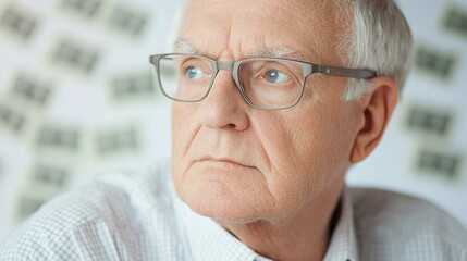Retired Elderly Man with Glasses Looking Thoughtful with Old Photographs in the Background Reflecting on Life and Memories After Retirement